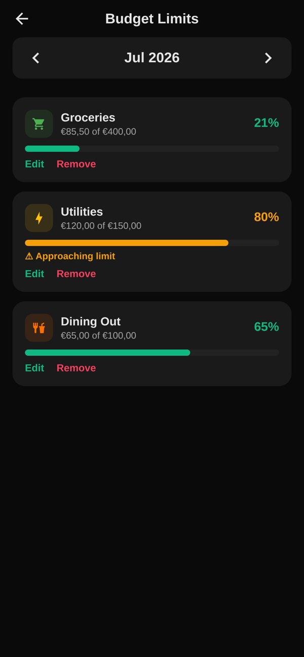 Budget limits with progress bars per category